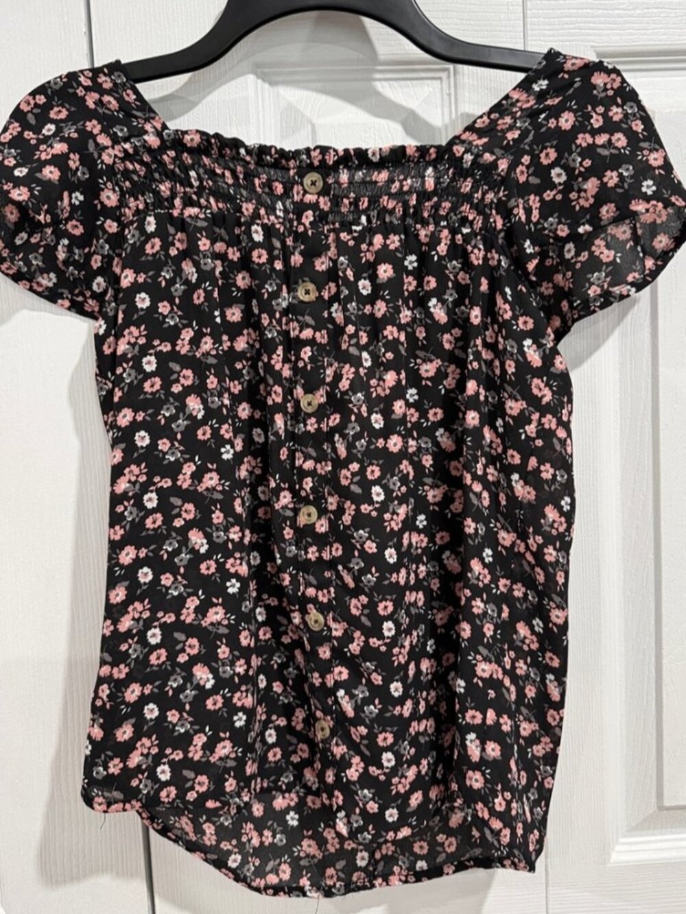 No Boundaries Black Top with Pink Floral Button Front